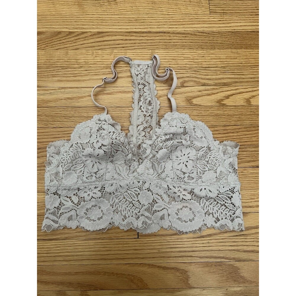 Aerie Womens Sz S Racerback Bralette Bra Cream Tan Lace Floral Adjustable
